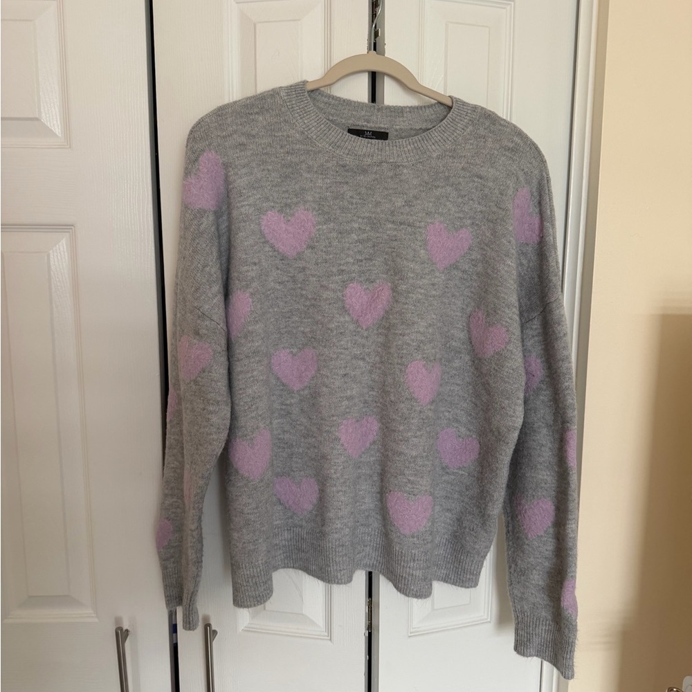 Gray Heart Pattern Crewneck Sweater - Pink Hearts